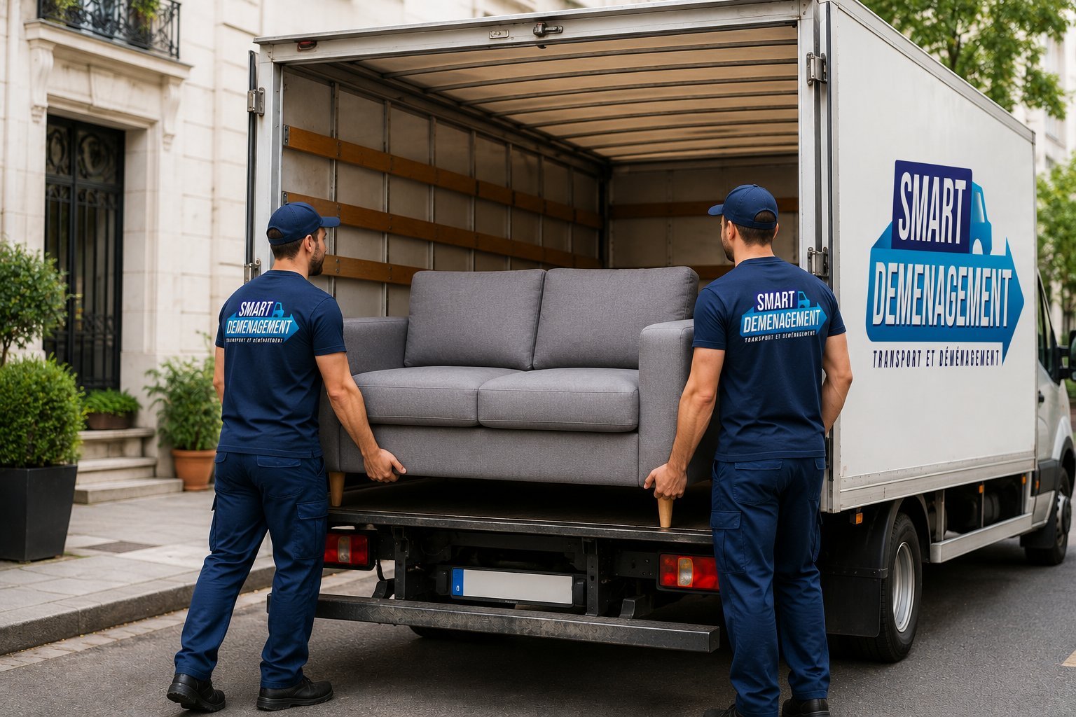 Chargement soigné d'un canapé dans le camion Smart Dem
